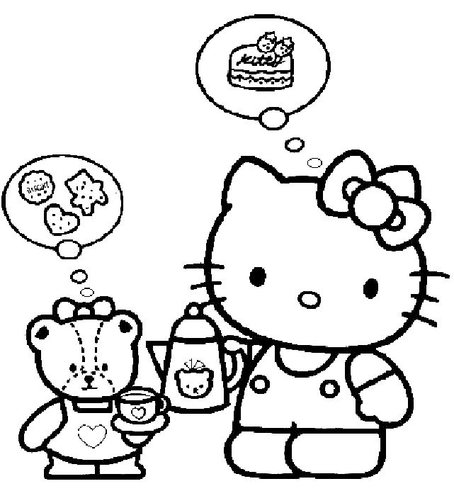 coloriage Hello kitty joue a la dinette avec son amie
